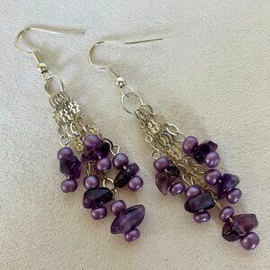 Purple Beaded Earrings Silvertone Metal Chain Handcrafted Unique Dangle New Gift